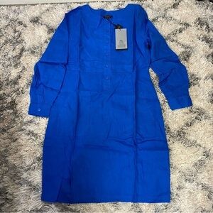 Zilch Linen royal blue lagenlook tunic mini long sleeve button down dress